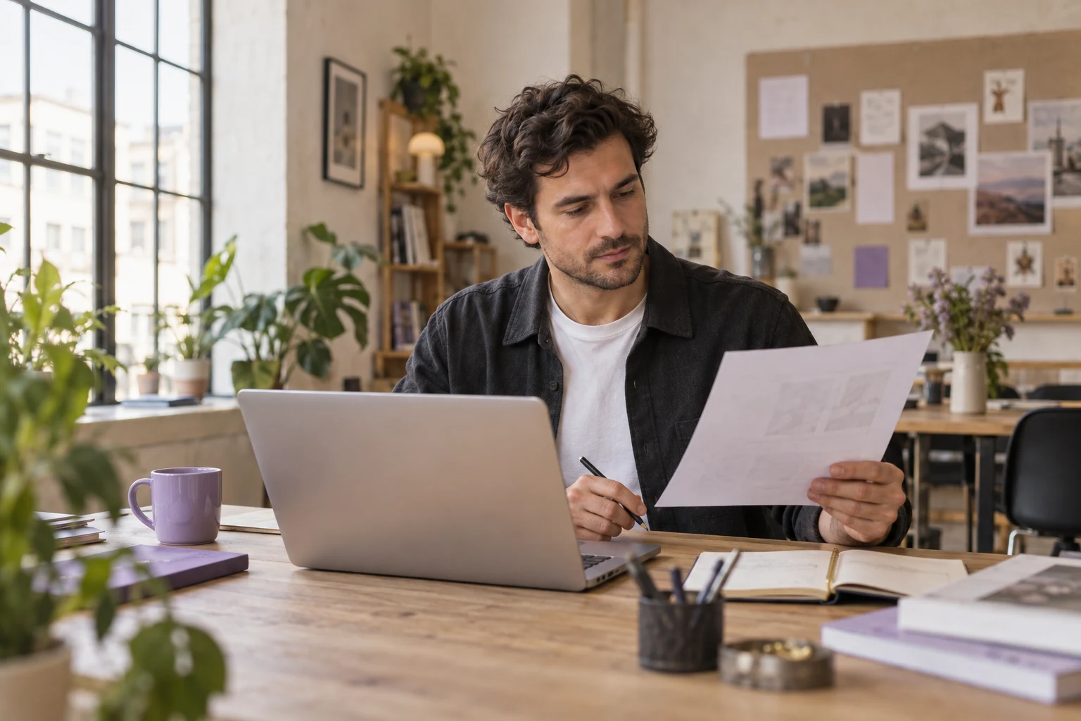 A studio owner reviewing a printed proposal beside his laptop before deciding on the next step.