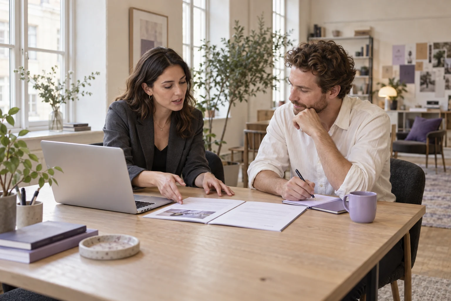 A consultant and her client discussing a proposal, with a laptop and violet notebook on the table.