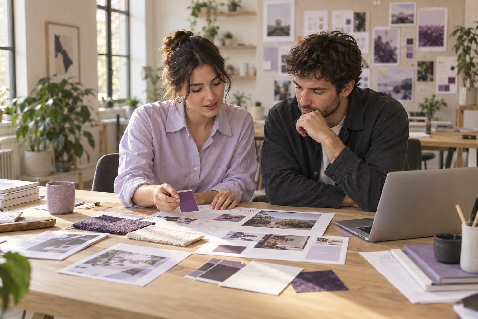 Two creative agency designers reviewing violet color swatches and brand concepts beside their laptop.