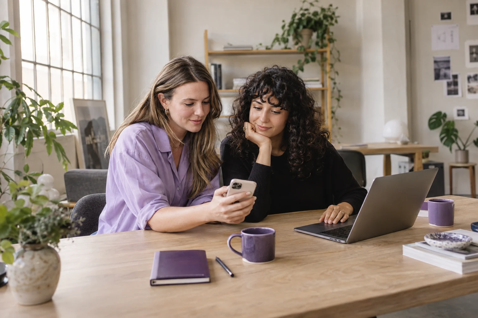 Two coworkers coordinating a project together using a phone and a laptop at their studio table.