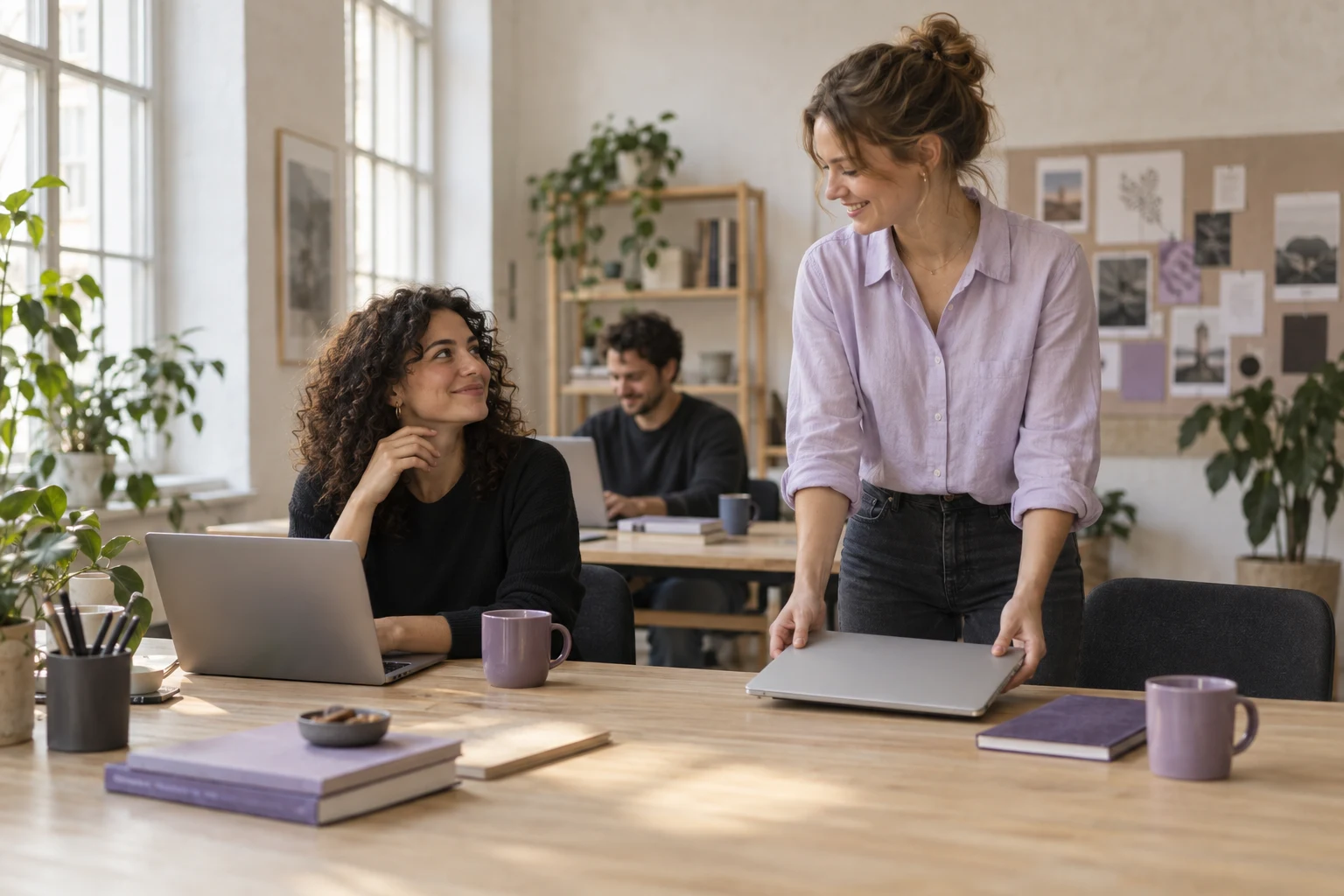 A creative studio owner welcoming a teammate as she sets a laptop down at their shared worktable.