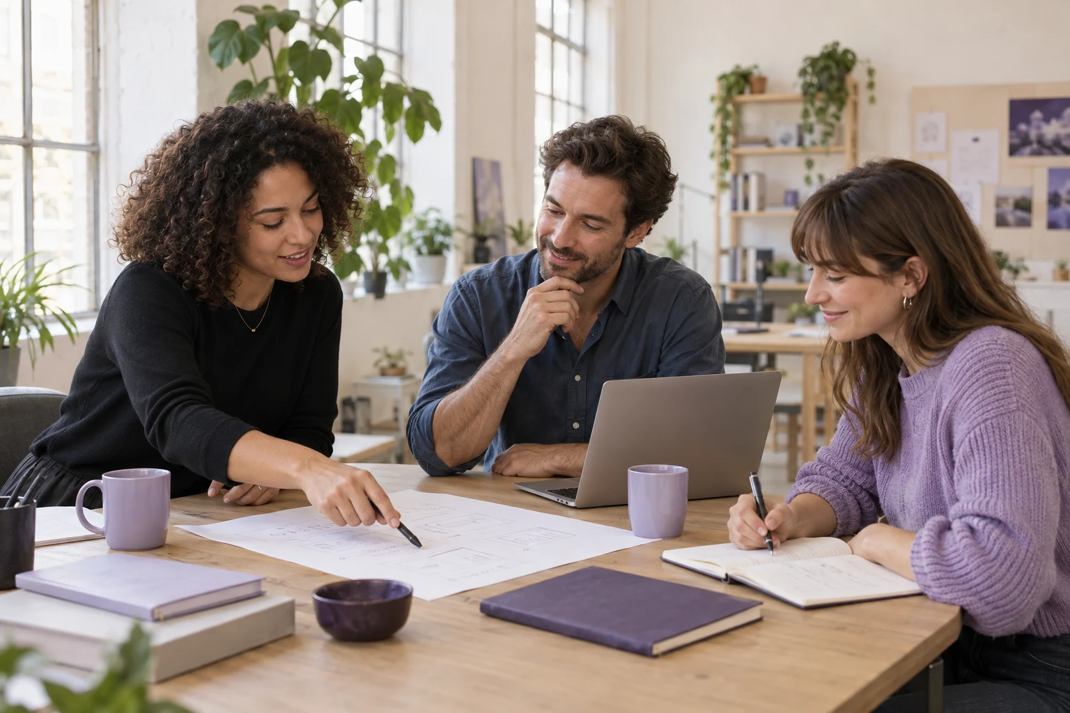 Three small-business teammates discussing a project handoff around a laptop and notes at an oak table.