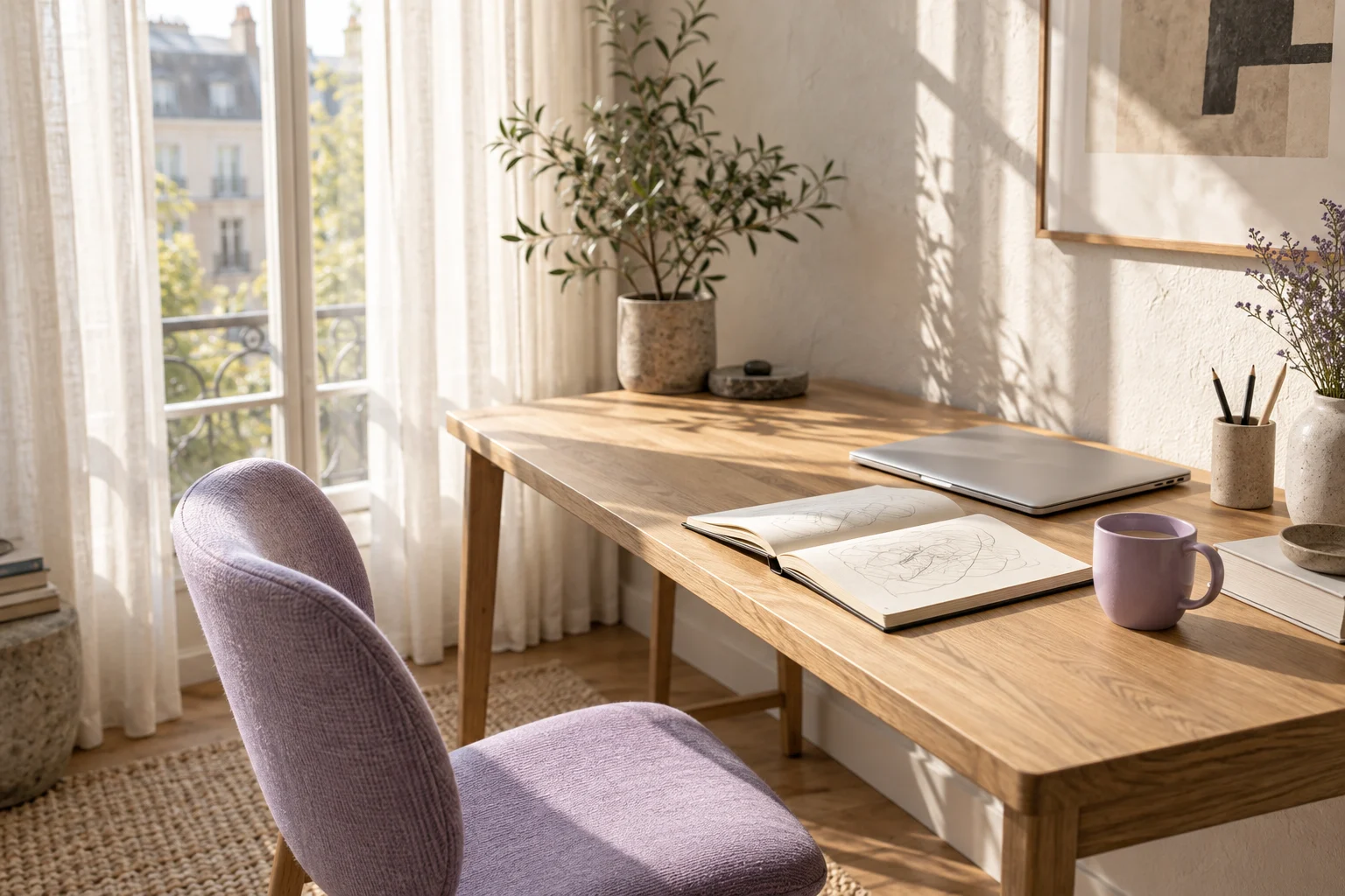 Illustrative studio corner with an open notebook and a lavender chair