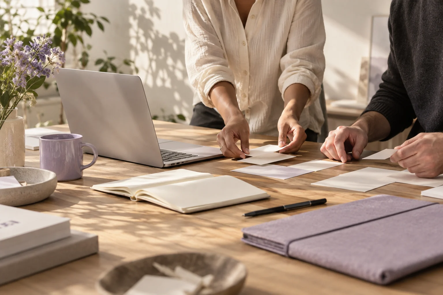 Illustrative scene: two people arranging ideas at a sunlit studio table