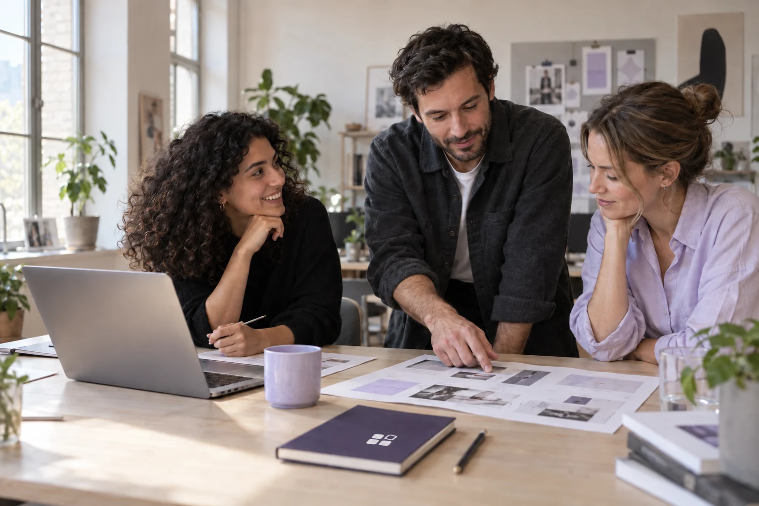Three creative coworkers reviewing a website design in a sunlit studio, with violet stationery and a GoodCompany-branded notebook.