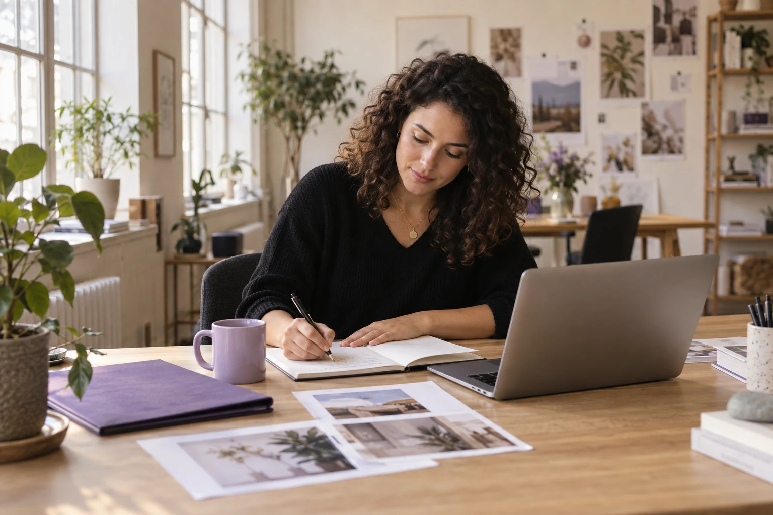 A sunlit studio workspace with project notes and a laptop